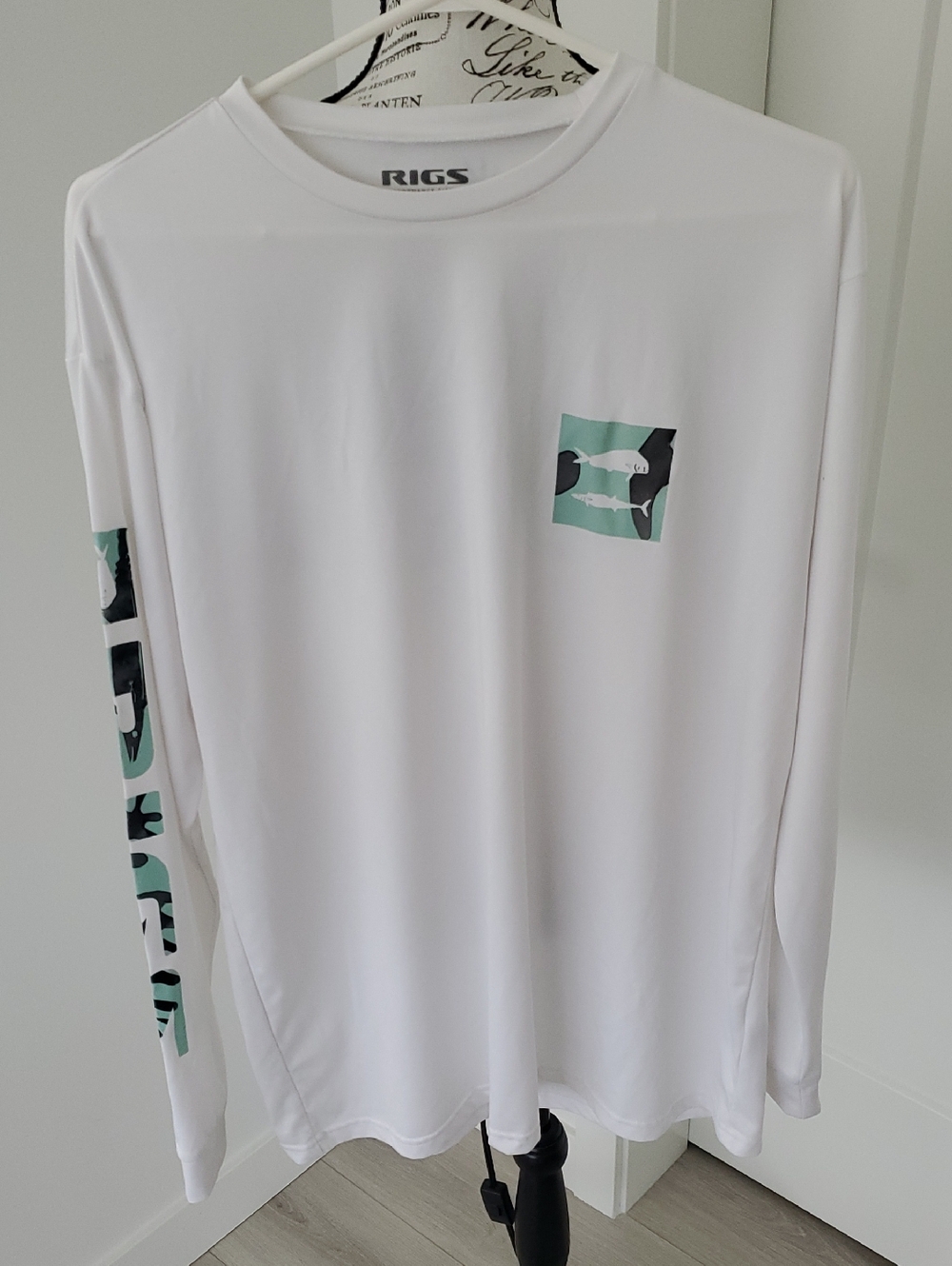 Men’s White Long-Sleeve Swim Rash Guard with Mint Camo Accents
